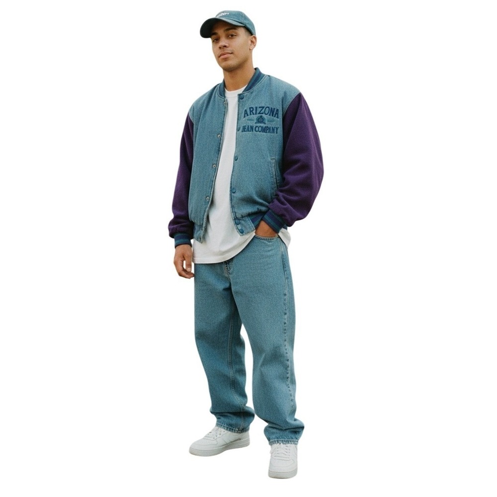 Vintage 90s Arizona Jean Company Denim Suede Bomber Jacket Purple Teal Medium‎ - Picture 4 of 13